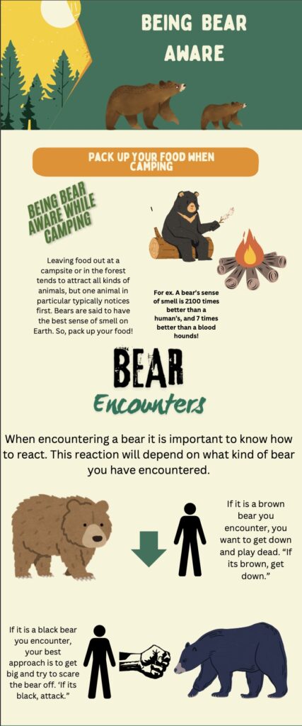 An info graphic created by yours truly that depicts ways to be more bear aware. For ex. how to deal with specific bear encounters.